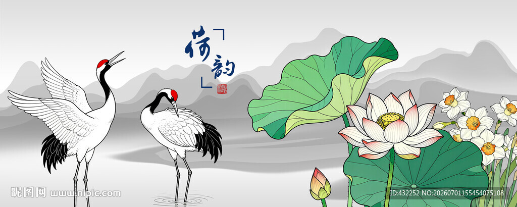 白鹤丹顶鹤仙鹤花卉美景图