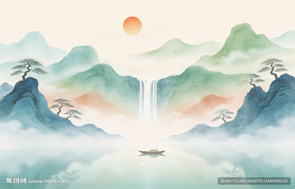 新中式国潮水墨山水画背景墙