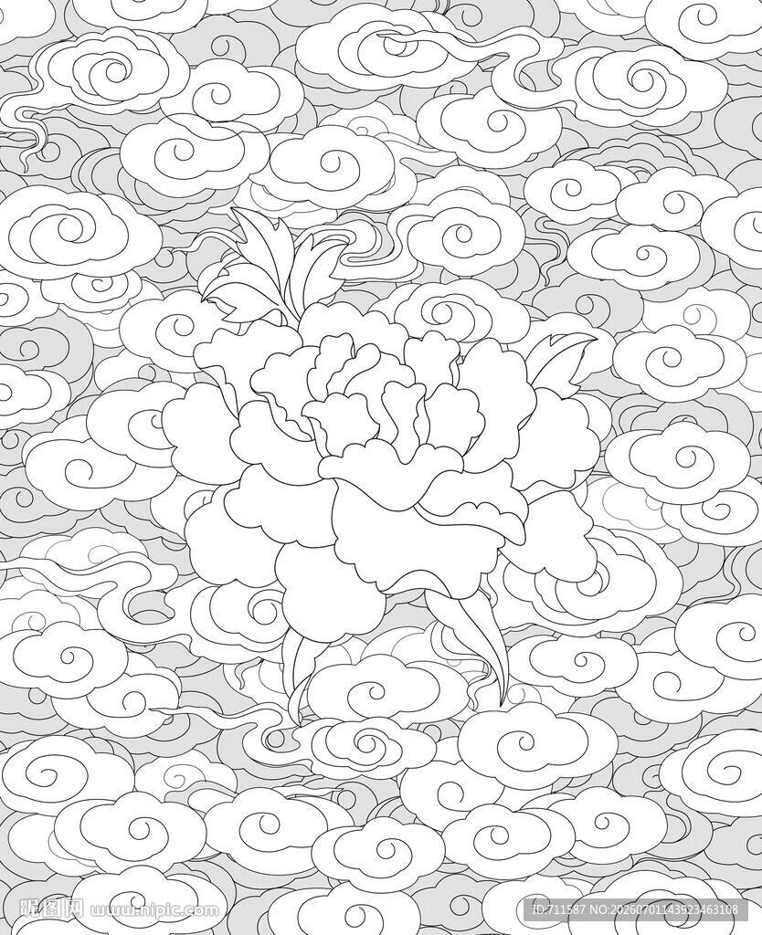 牡丹云纹木雕图稿