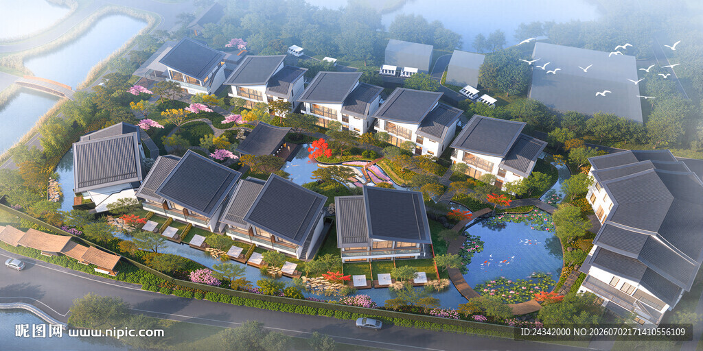 现代中式风格住宅小区鸟瞰