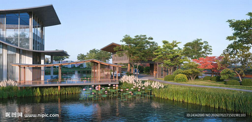 湖畔现代风建筑景观