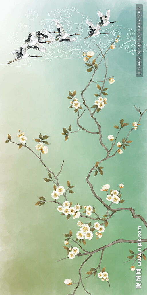 中式工笔手绘梅花祥云仙鹤花鸟图