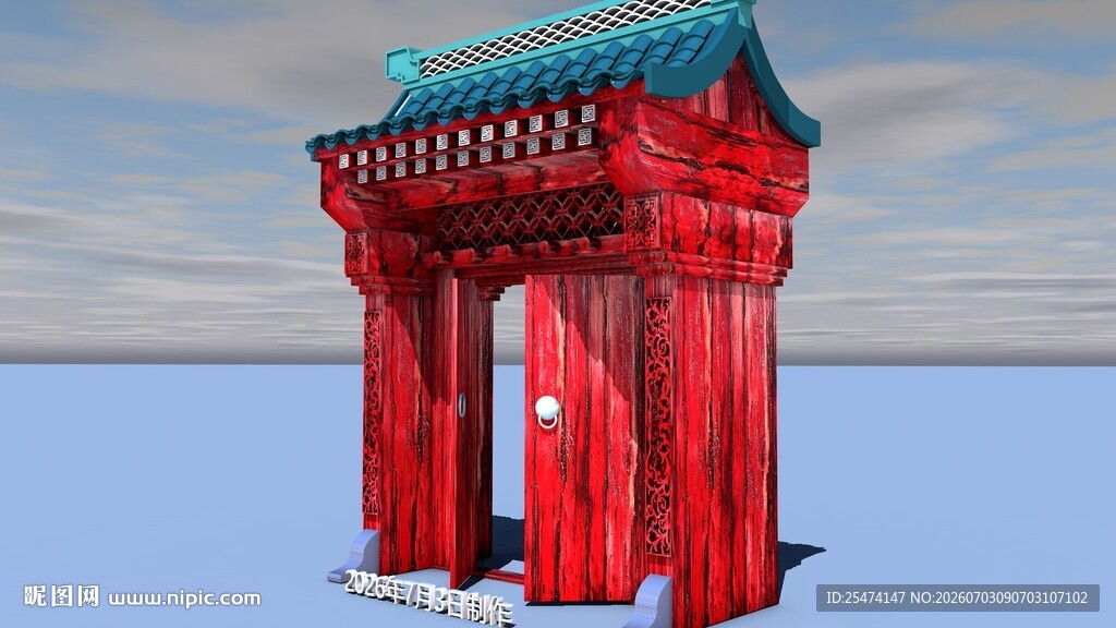 上色中式红色牌坊建筑模型