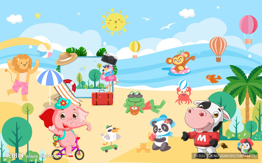 夏日海滩卡通欢乐小动物儿童背景