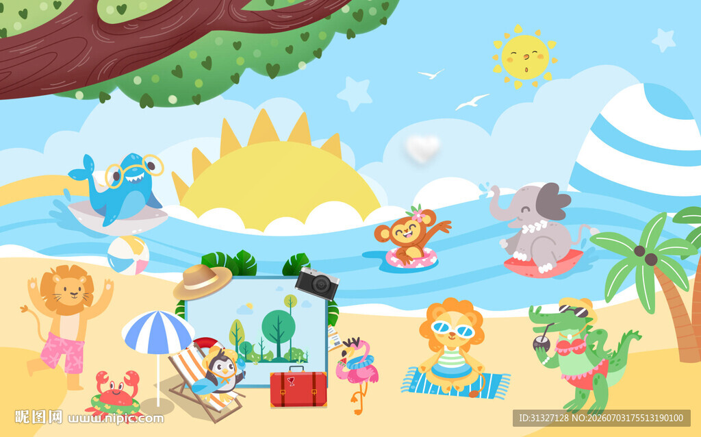 卡通夏日海滩欢乐小动物儿童背景