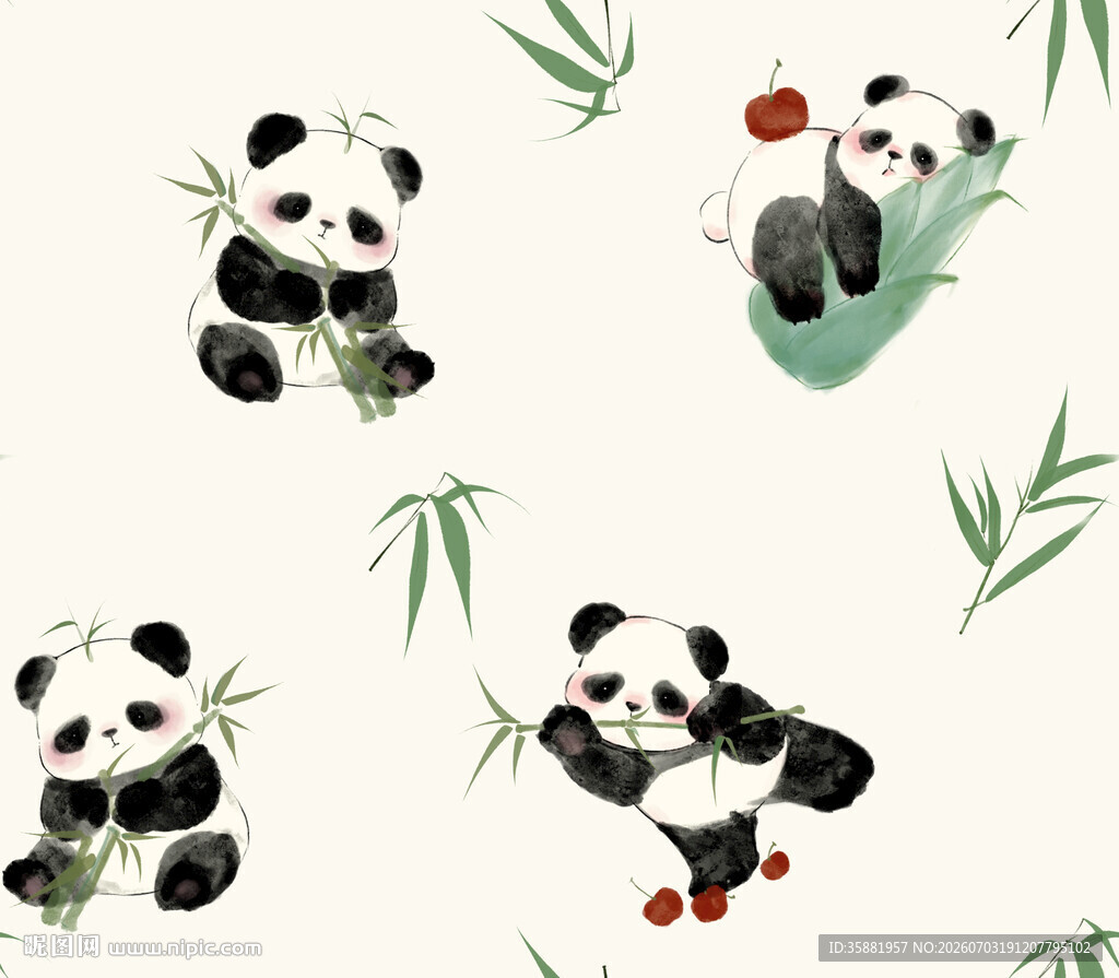 可爱熊猫与竹叶插画图案