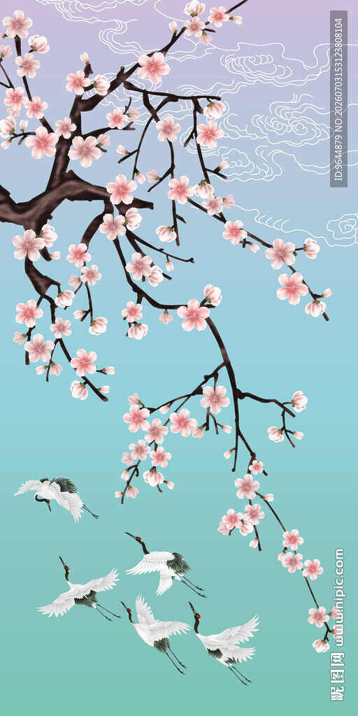 中式手绘工笔梅花祥云瑞鹤花鸟图