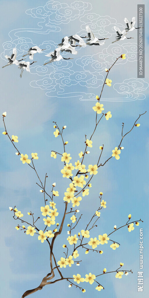 中式工笔手绘梅花瑞鹤祥云花鸟图