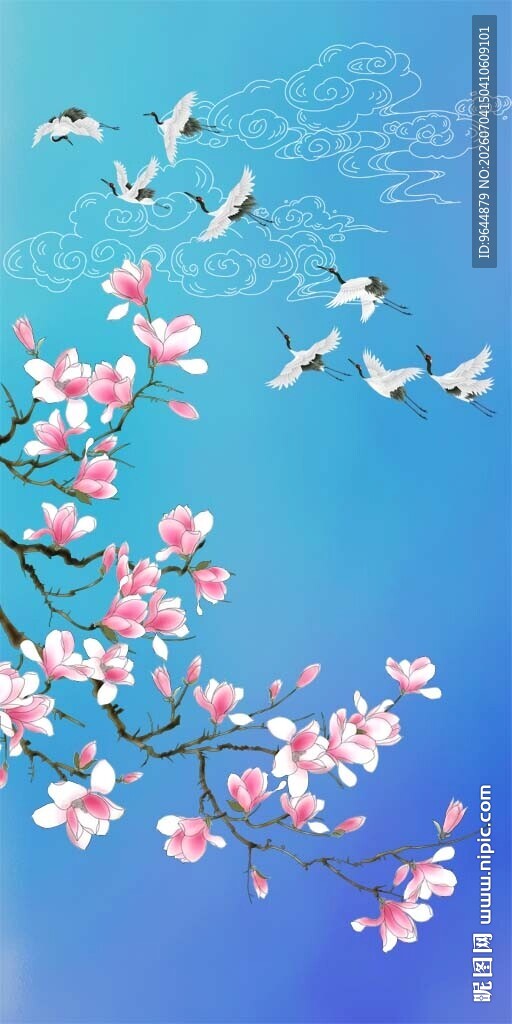 中式手绘工笔玉兰瑞鹤祥云花鸟图
