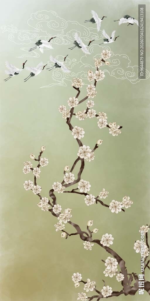 中式手绘工笔梅花仙鹤祥云花鸟画