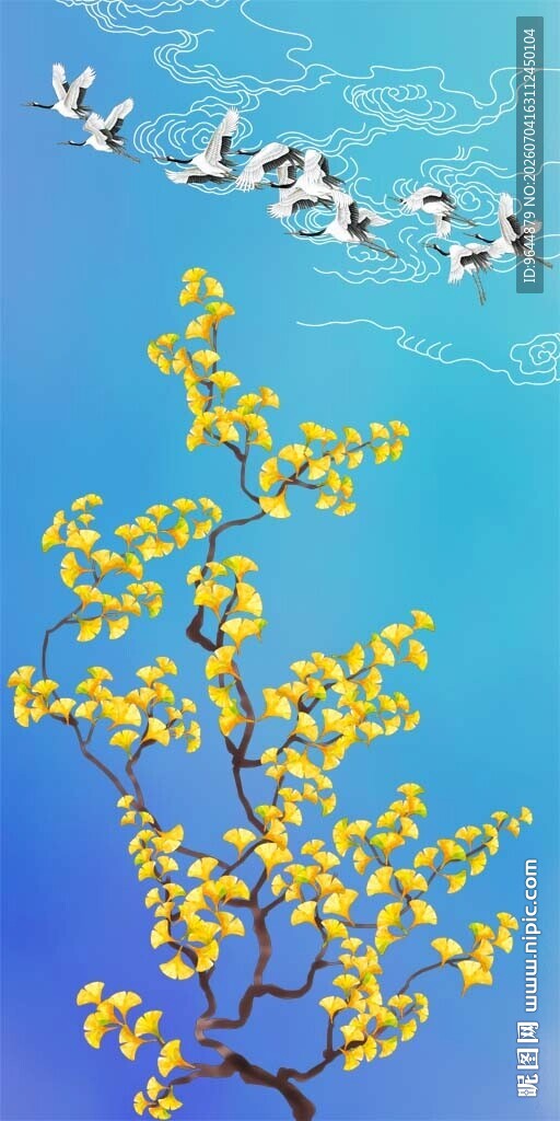中式手绘工笔银杏仙鹤祥云花鸟画