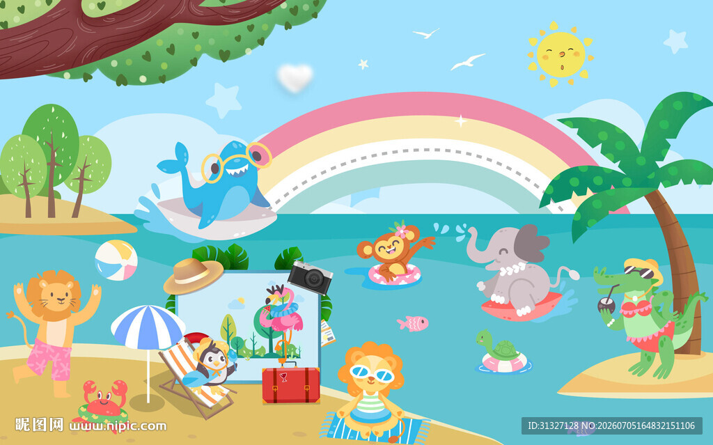 欢乐小动物夏日海滩儿童背景