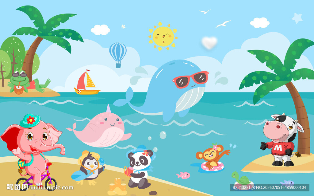 海洋动物卡通航海儿童背景墙图片