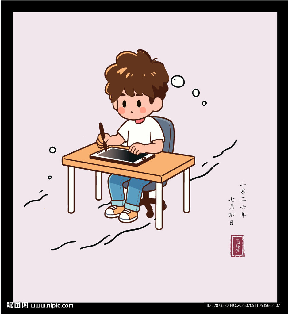 手绘矢量男孩专注于桌前书写画面