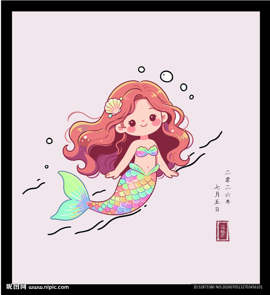 手绘矢量图插可爱红发美人鱼插画