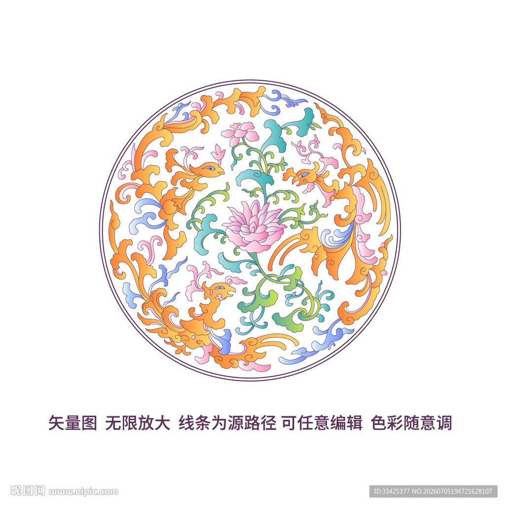 传统吉祥金凤凰粉彩缠枝西番莲纹