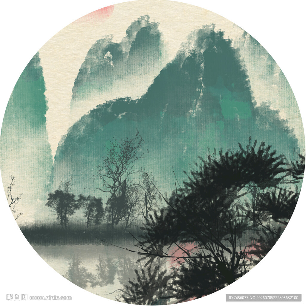 水墨山水圆形画作意境美