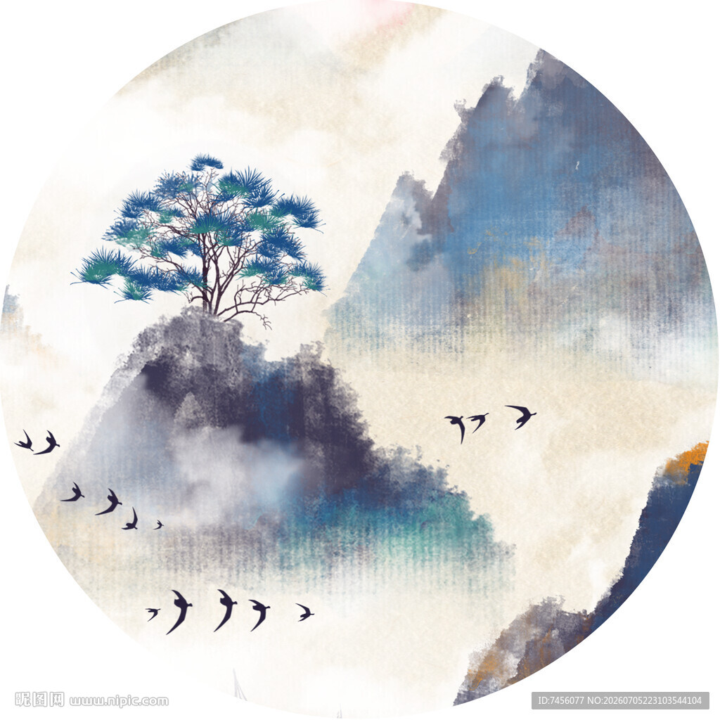 水墨山水间的飞鸟与孤松