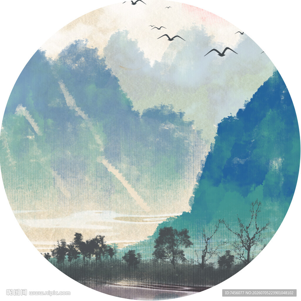 山水间飞鸟与村落美景