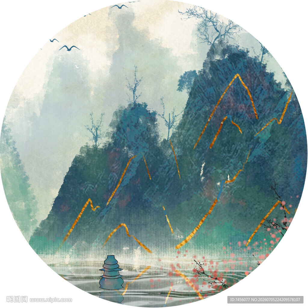 水墨山水间的悠然泛舟景