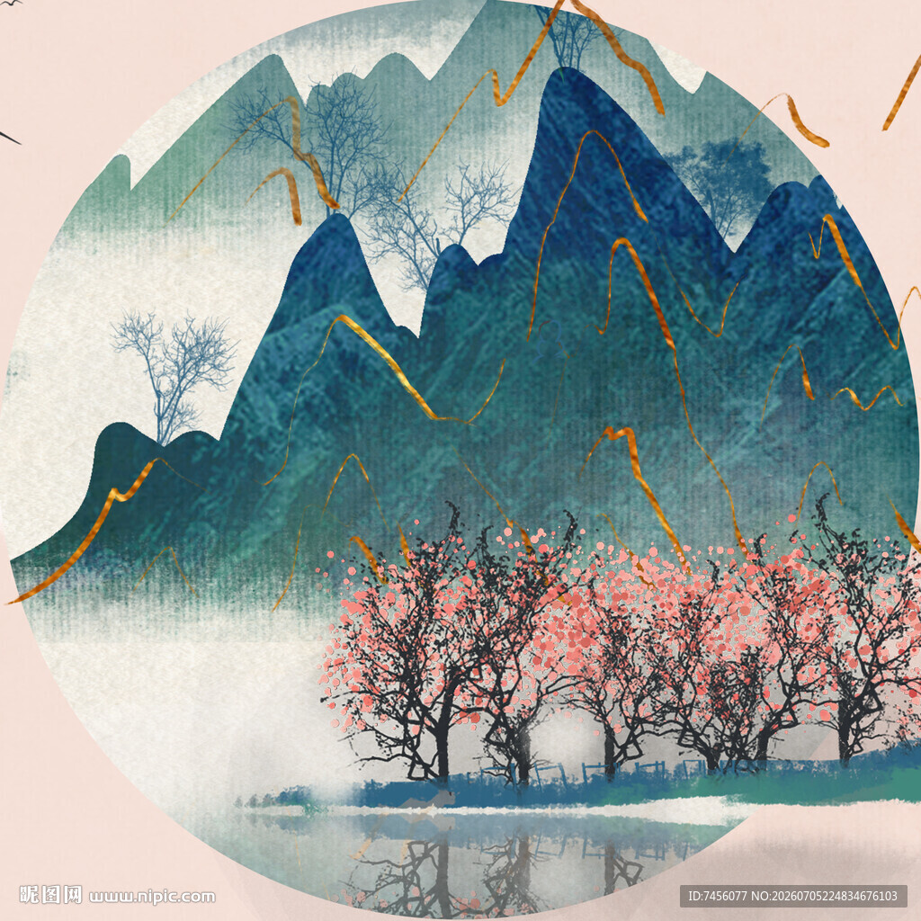 水墨山水间的烂漫桃花