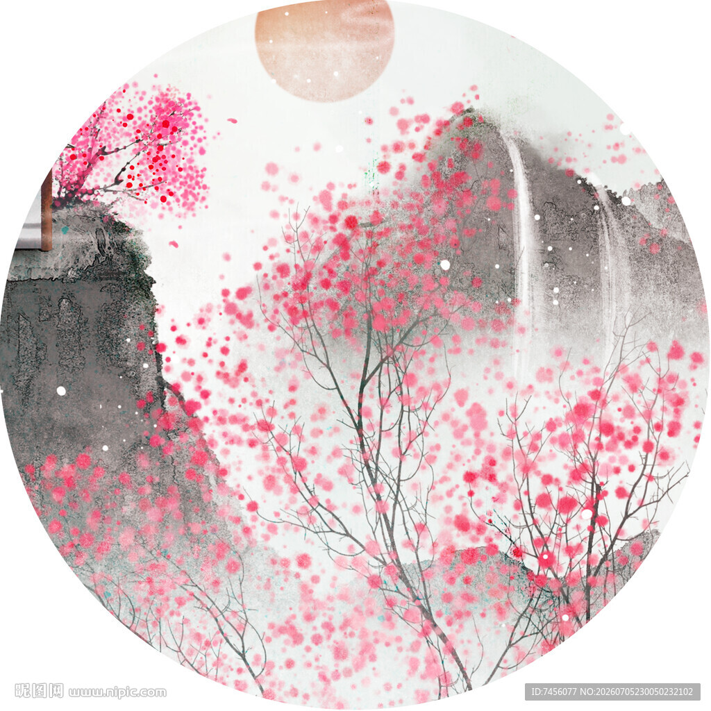 水墨樱花山水圆形画作