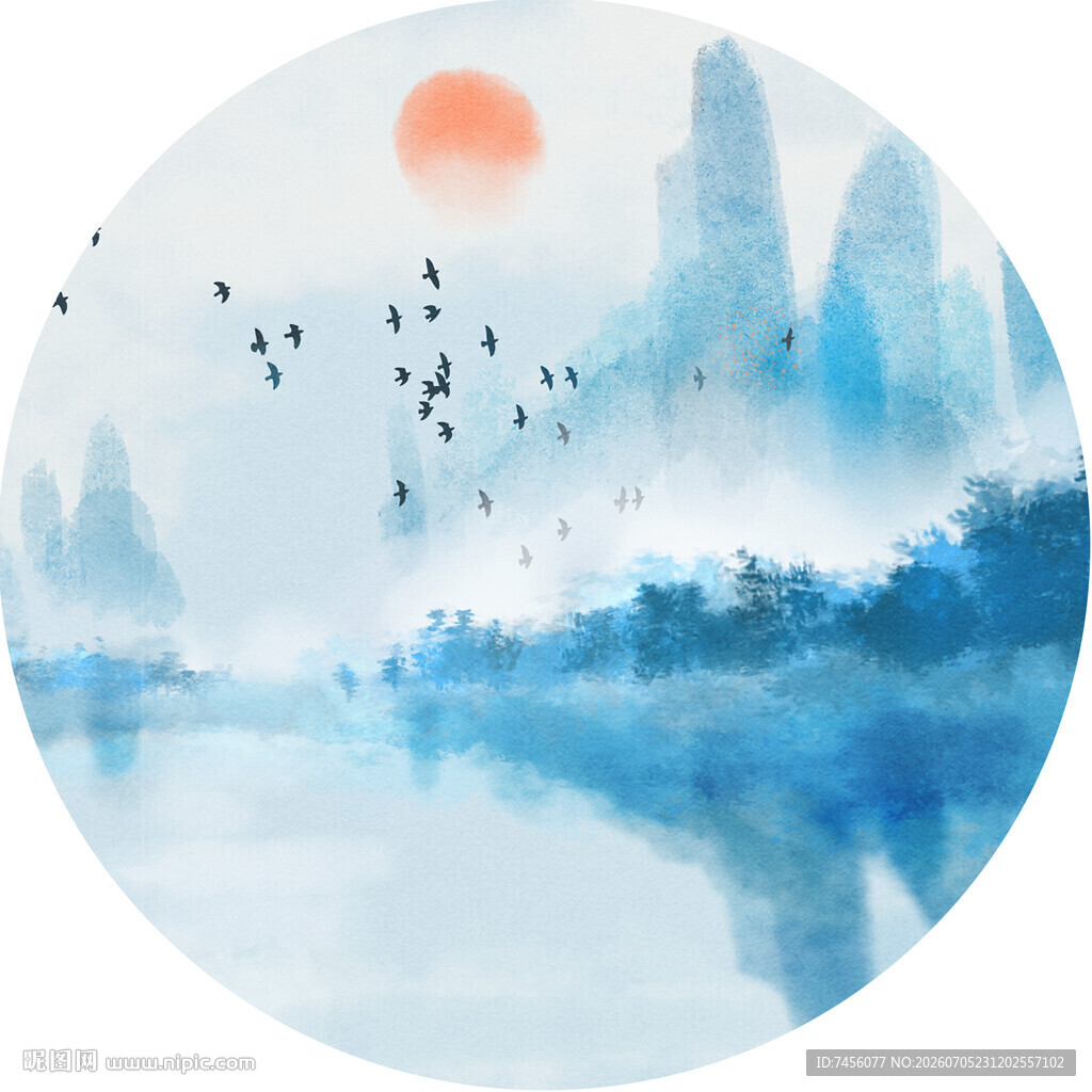 水墨山水间飞鸟伴日景