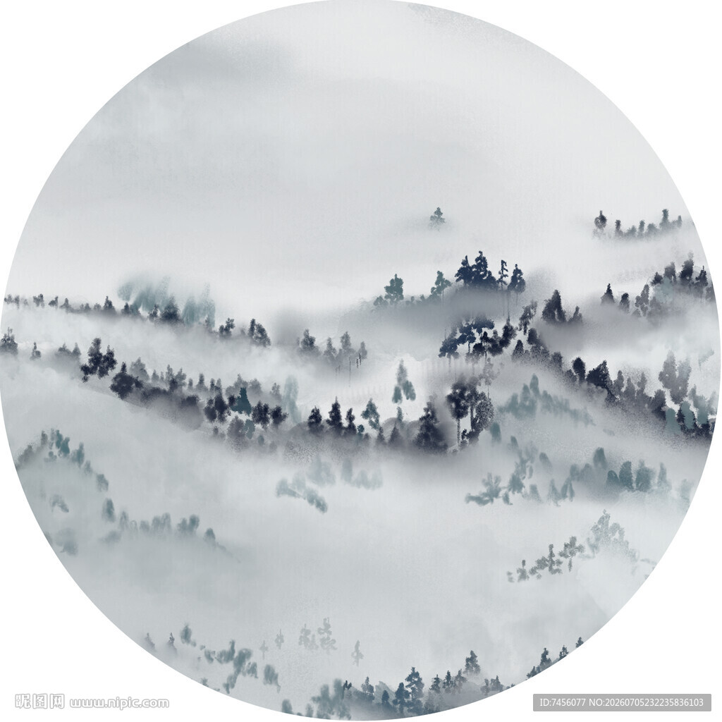 水墨山水圆形意境画