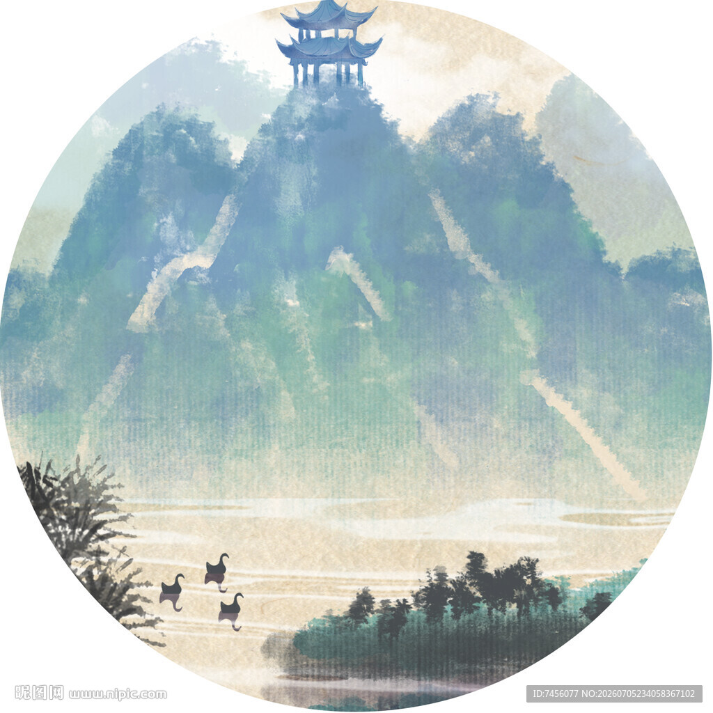 水墨山水间的古韵楼阁
