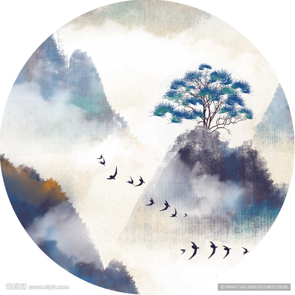 水墨山水间飞鸟伴松景