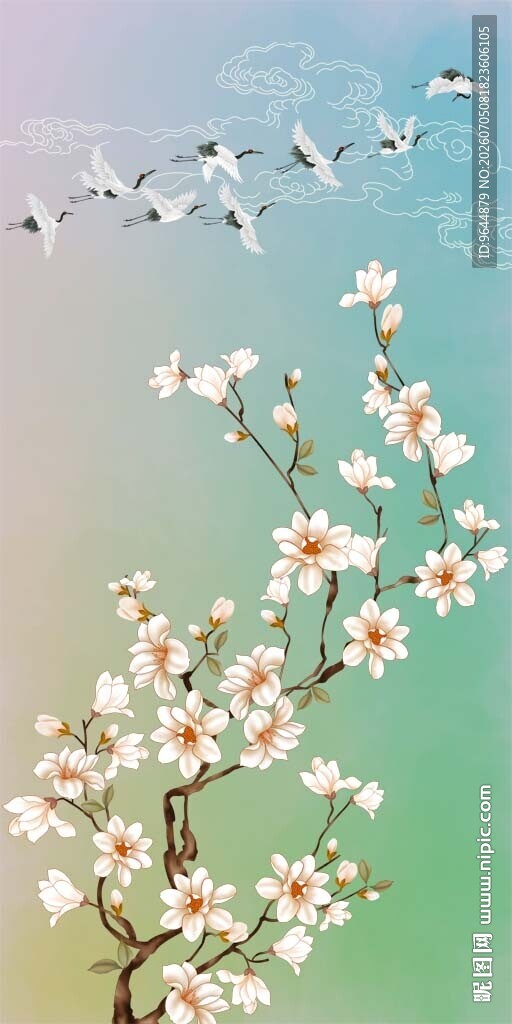 中式手绘工笔玉兰仙鹤祥云装饰画