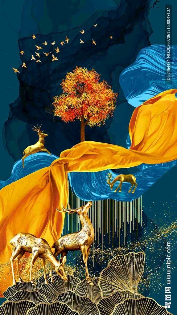 麋鹿发财装饰画