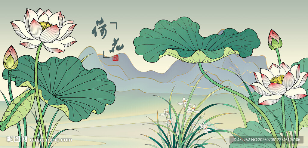 夏日荷塘荷花绽放图景