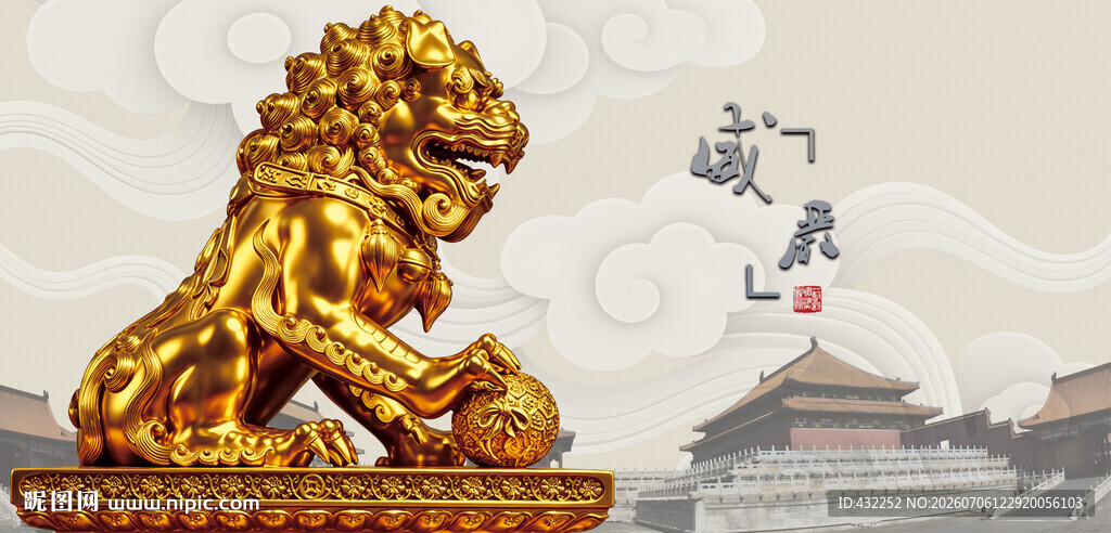 金色雄狮雕塑古典背景