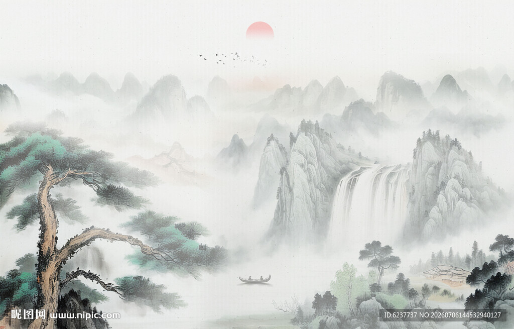 新中式迎客松背景墙
