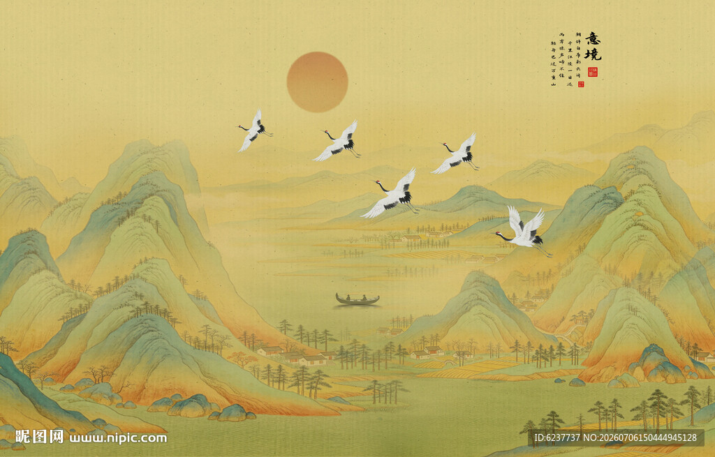 新中式仙鹤山水画背景墙