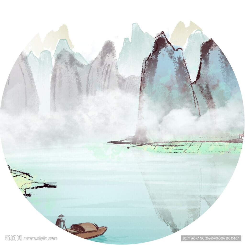 水墨山水间的悠然泛舟景
