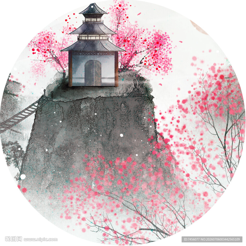 水墨风山间亭台樱花景