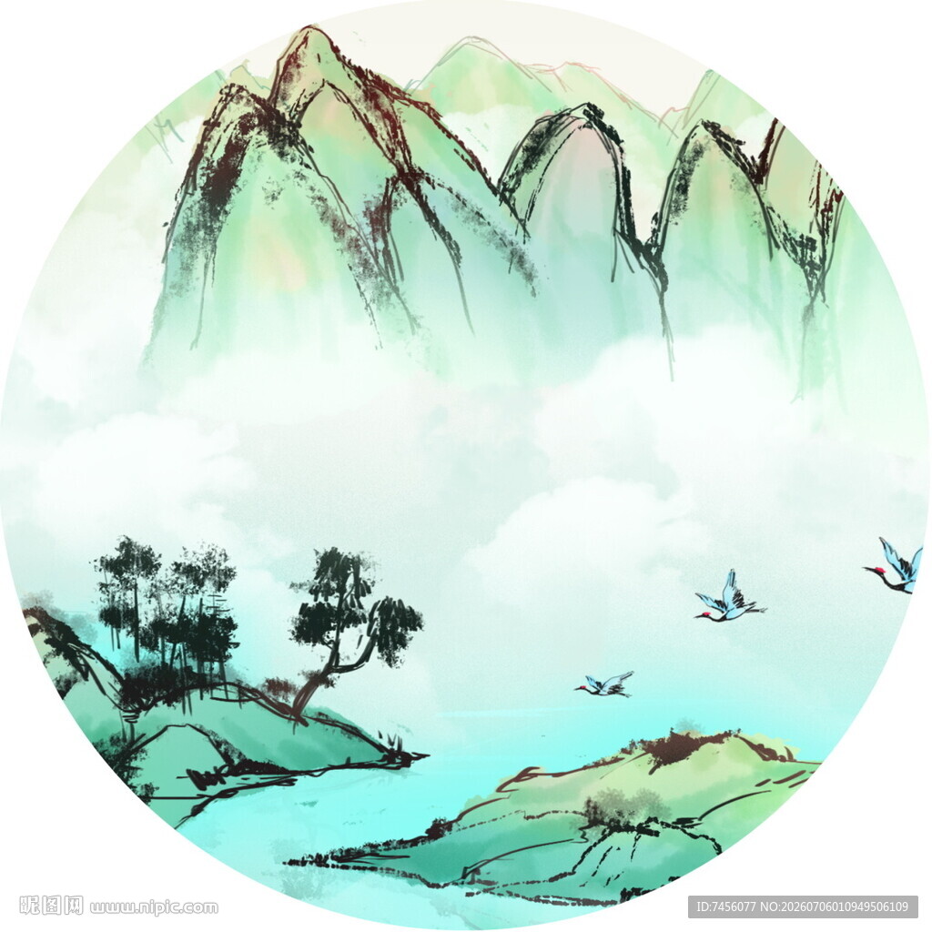 水墨山水圆形写意画