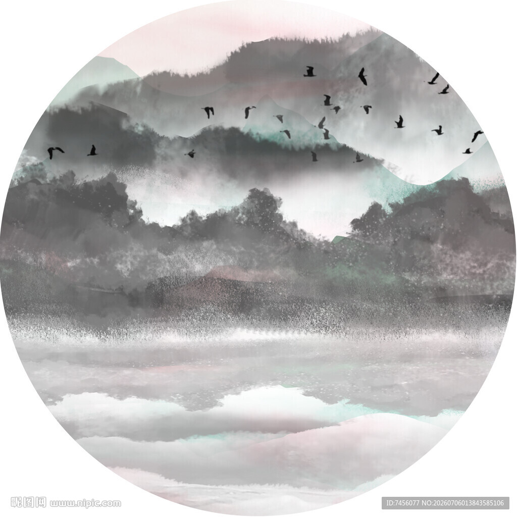 水墨山水云雾飞鸟图景