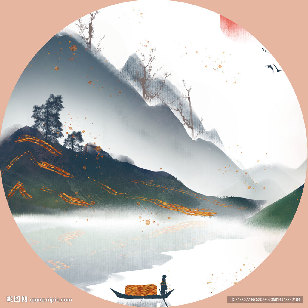 水墨山水间的孤舟意境