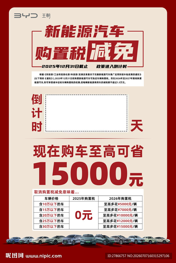 新能源汽车购置税减免倒计时广告