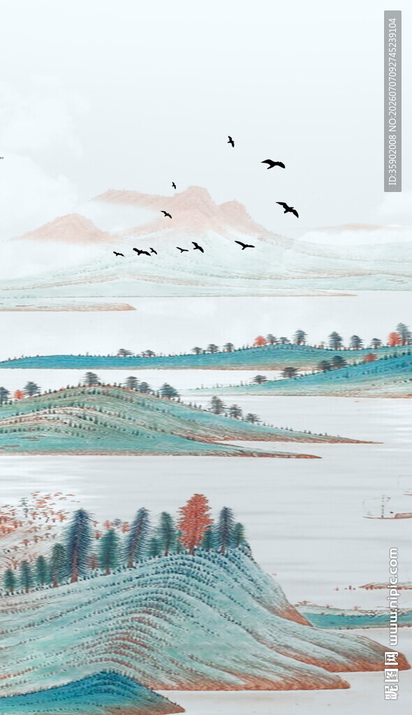 水墨山水飞鸟风景图