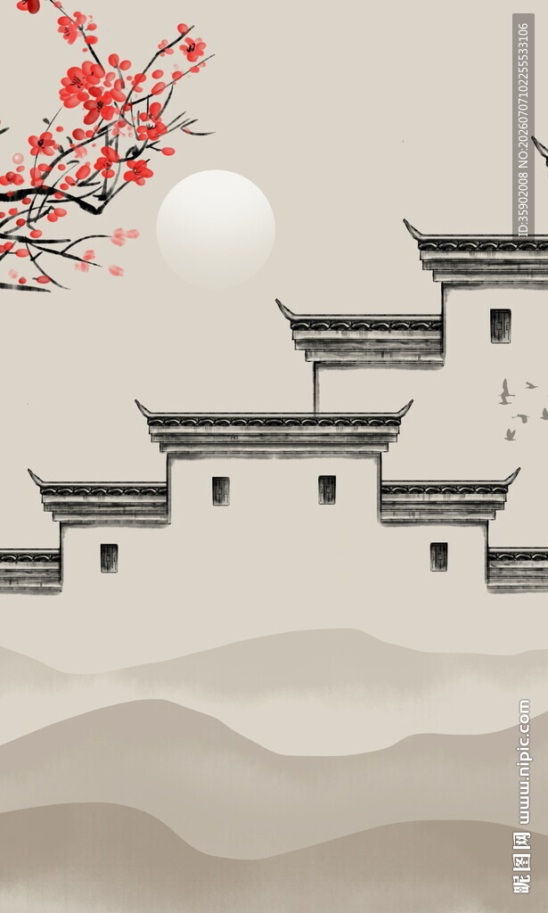 中式山水徽派建筑风景图