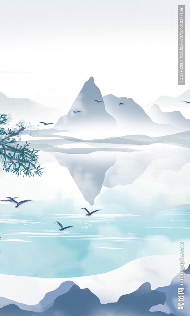 水墨山水间飞鸟与枝景