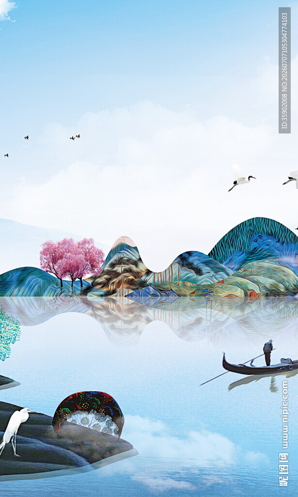 水墨山水间的孤舟美景
