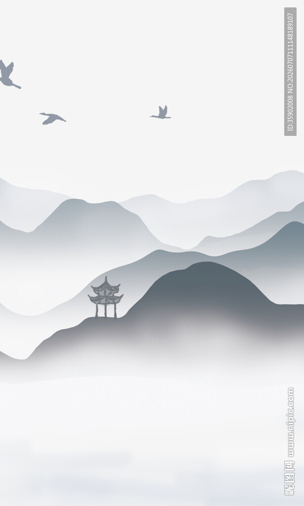 水墨山水间飞鸟伴古亭