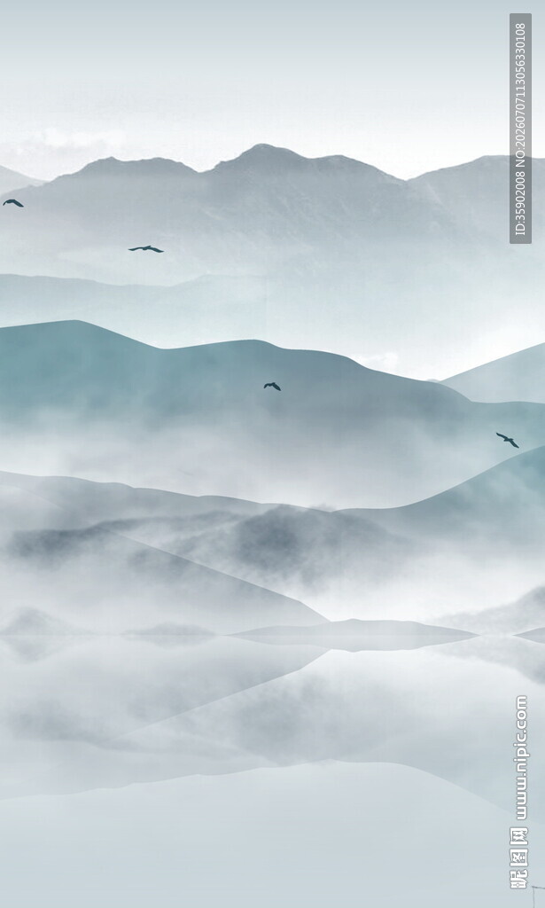 水墨山水间飞鸟云雾景