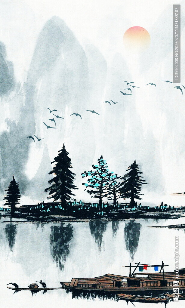 水墨山水湖畔景