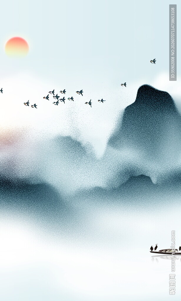 日出云海间飞鸟伴山景